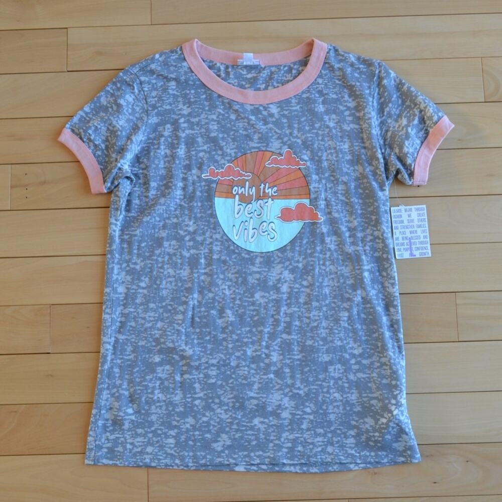 NWT LuLaRoe Liv Short Sleeve Tee Gray Only the Best Vibes Size Large